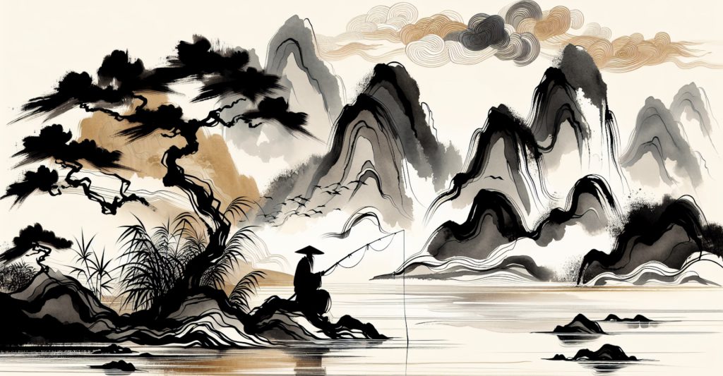 An old Chinese painting of a fisherman